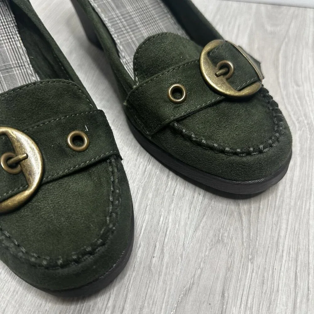 American Eagle Outfitters Olive Green Suede Wedge Loafers with Brass Buckle